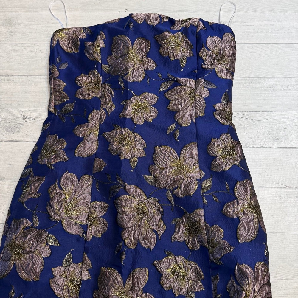 Lulu's Navy Blue Strapless Midi Dress with Metallic Floral Brocade - Picture 4 of 12